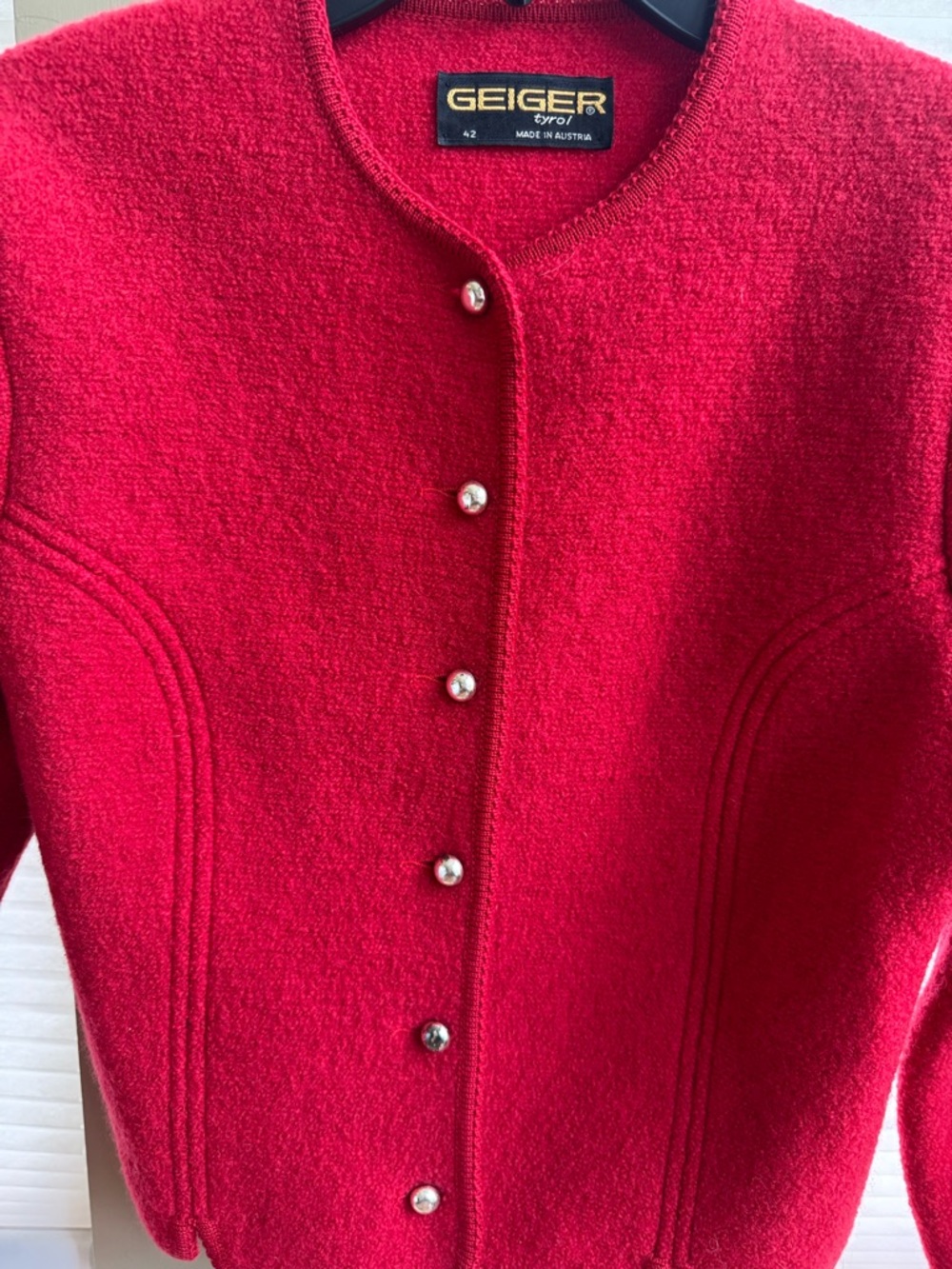 Geiger Tyrol Austria Boiled Wool Cardigan Knit Sweater Jacket Red Sz 42- Large - Picture 4 of 10